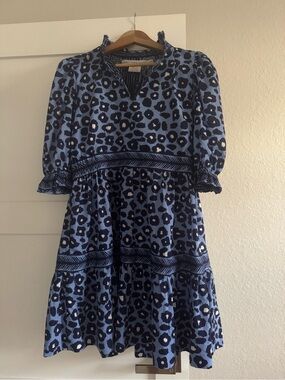 Gretchen Scott Designs Sky Blue and Navy Leopard Tiered Puff-Sleeve Dress